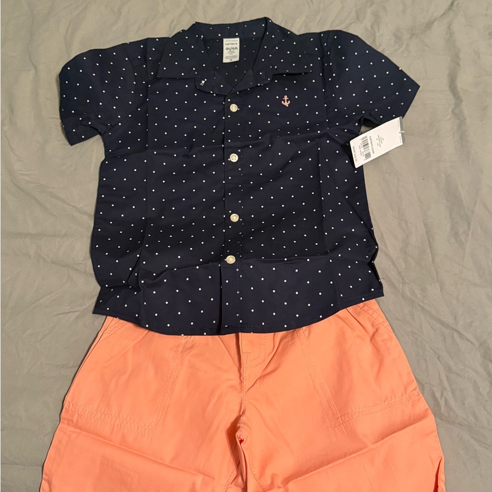 Carter's Navy and White Dot Button-Down Shirt and Short Set